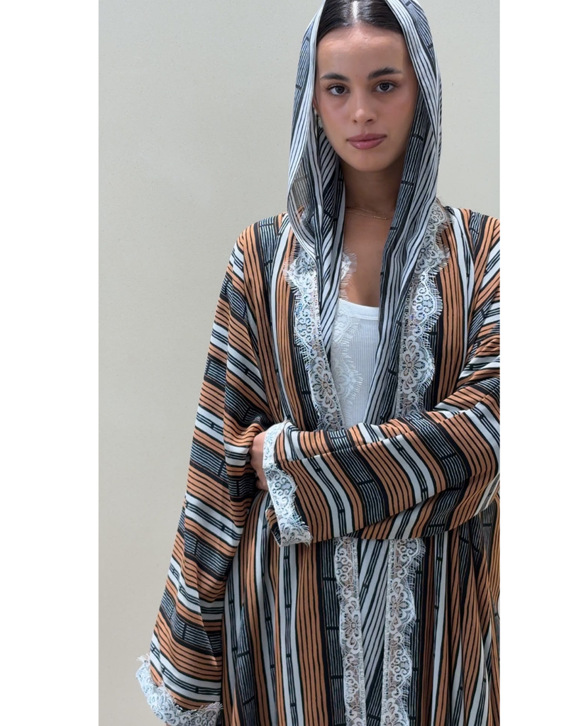 N0006- Striped Earth-Tone Lace-Trimmed