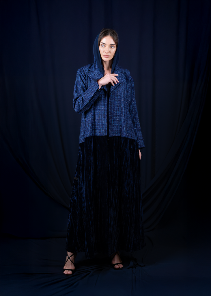 D2-0021 Navy Tweed and Crinkled-Velvet Panel Abaya