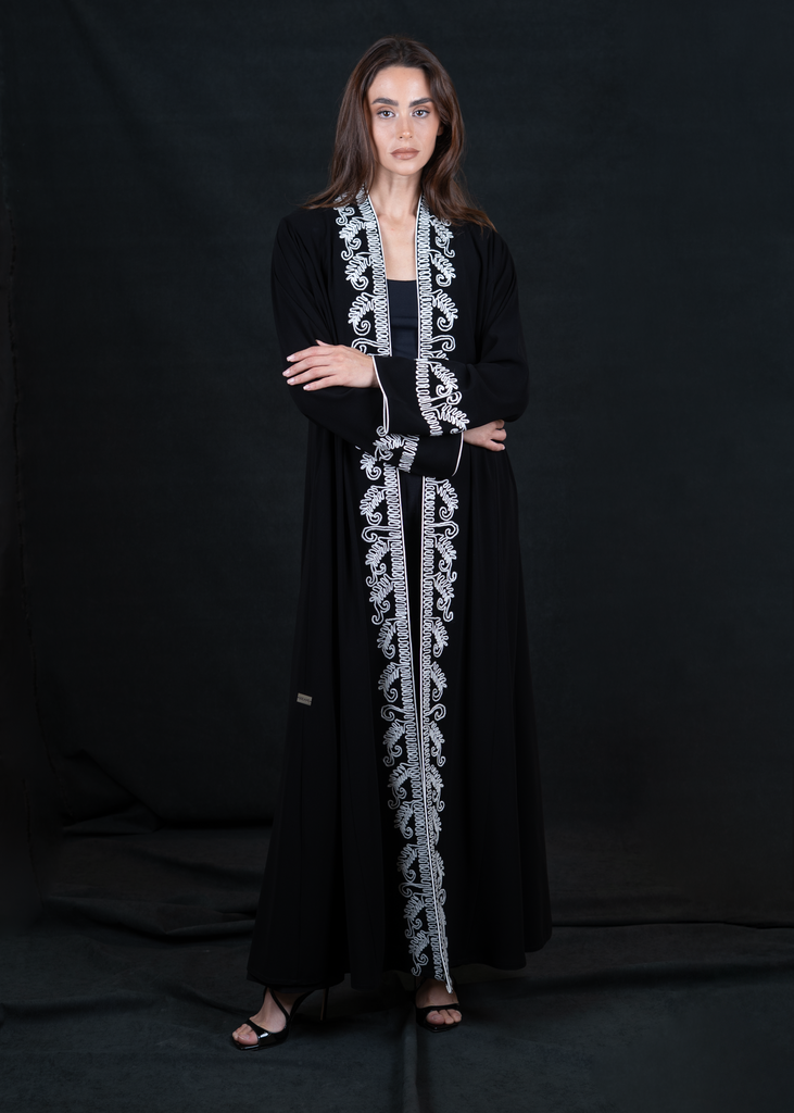 D2-0012 Black Abaya with Vertical White Embroidery