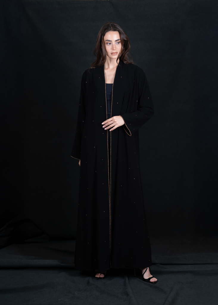 D2-0003 Gold Dotted Abaya with Pearl Trim