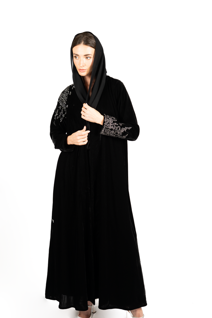 D3-0006 Black Velvet with Floral Silver Abaya
