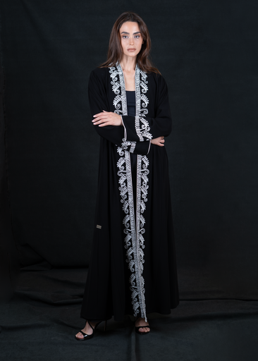 D2-0012 Black Abaya with Vertical White Embroidery